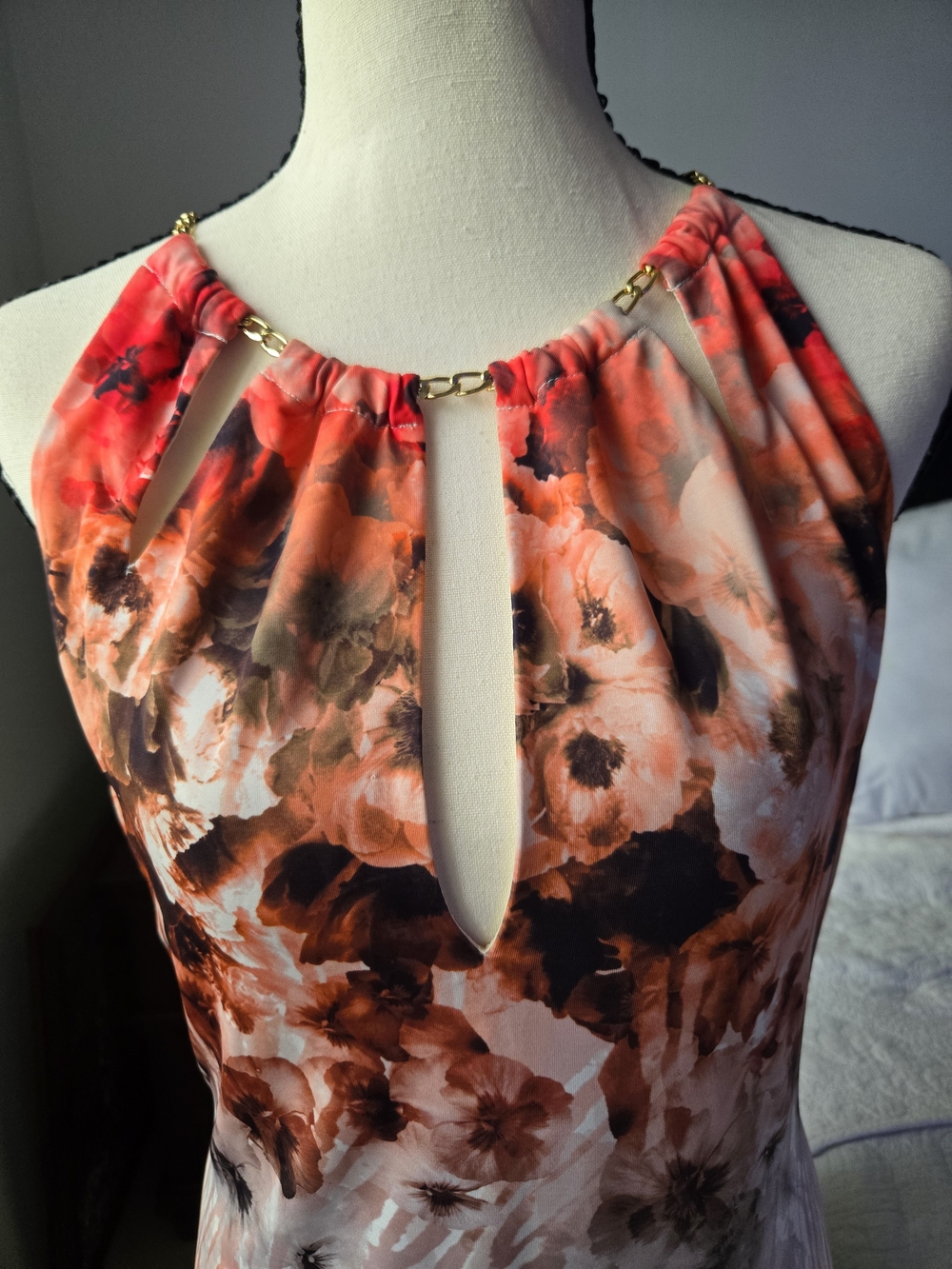 bebe Floral Halter Mini Dress in Coral and Brown